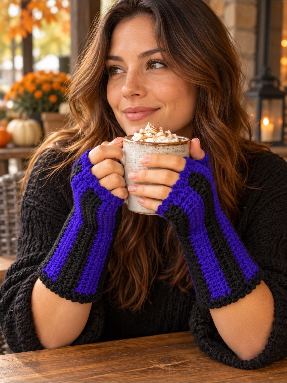 Handmade Crochet Fingerless Gloves | Purple & Black Striped